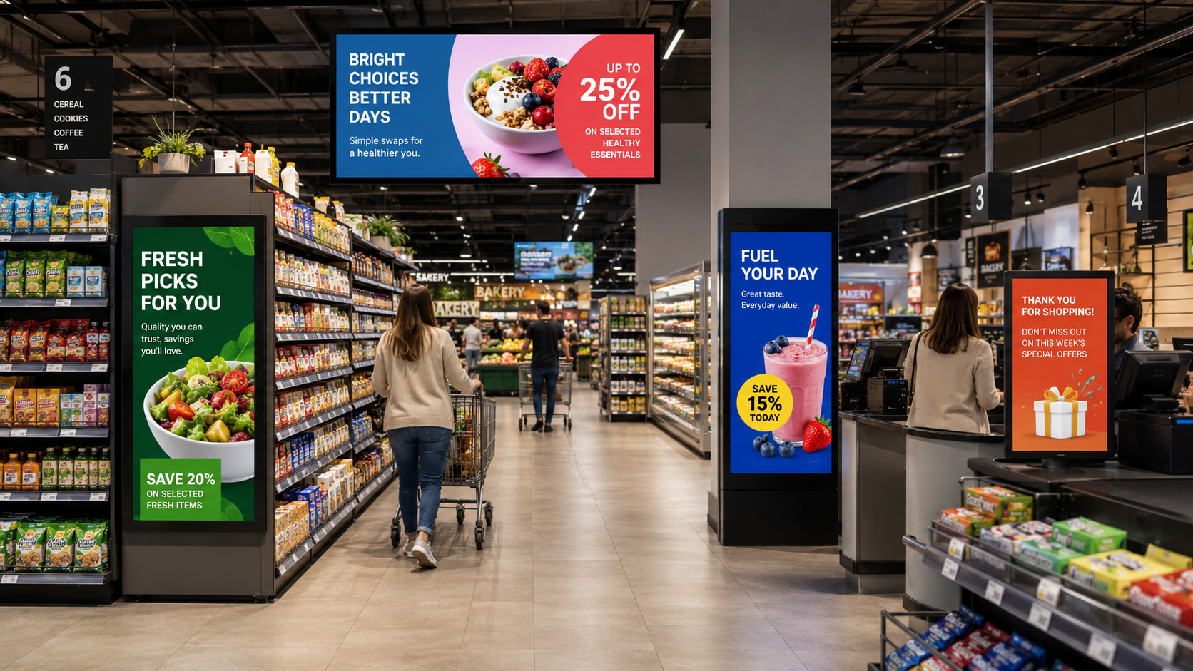 In-store retail media network built by M-Cube on digital signage screens in a retail store